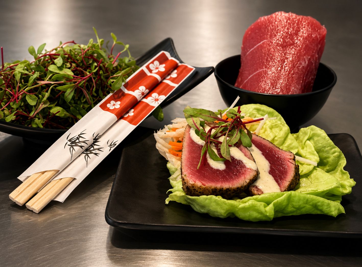Seared tuna presentation for California Crown