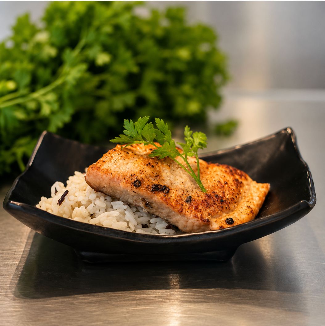 Seared salmon presentation for California Crown